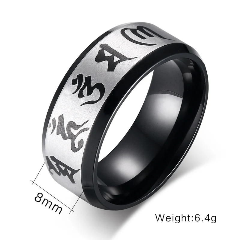 Meaeguet Traditional Om Mani Padme Hum Men Ring Black Color Wedding Rings For Men Jewelry Stainless Steel Ring