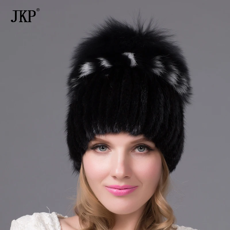 JKP winter Women\'s Fur Hats Knitted Mink Fur Hat Female With real Fox Fur Pompom Cap Lining Winter Girls Hats For Beanies