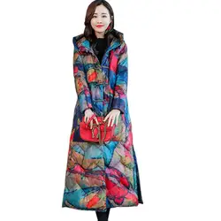 Winter Fashion Women's Down Cotton Coat Vintage Print Warm Overcoat Long Sleeve Retro Buckle Oversize Slim Thicker Outwear L1768