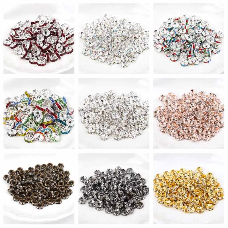 50pcs/lot 4 6 8 10mm Rhinestone Rondelle Crystal Round Loose Spacer Beads for Jewelry Making DIY Bracelet Necklace Accessories