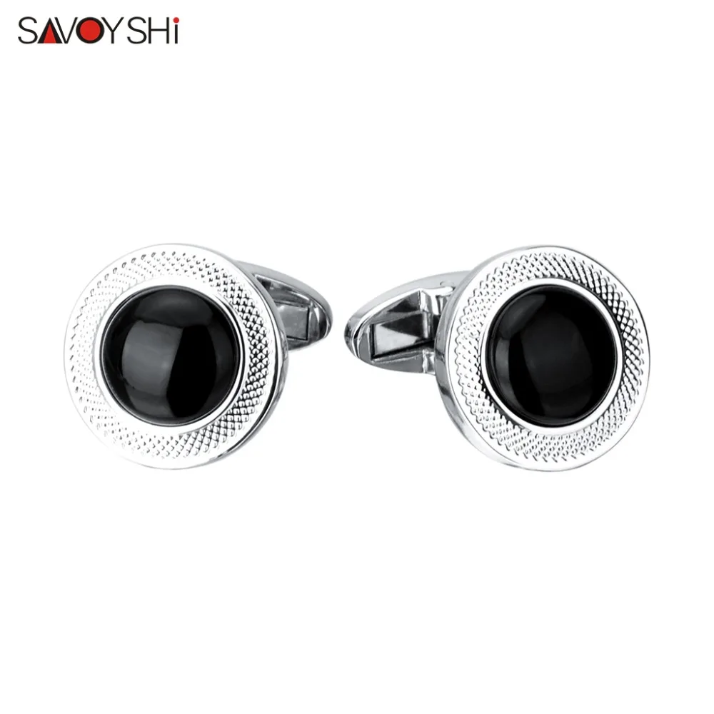 SAVOYSHI Luxury Black Stone Cufflinks for Mens High Quality Silver color Round Carving Pattern Cuff link Gift Brand Men Jewelry