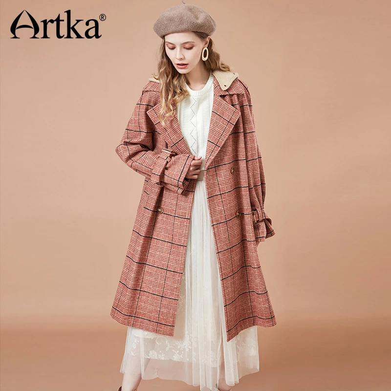 ARTKA 2018 Autumn and Winter Women Vintage Plaid Coat Lapel Single-breasted Woolen Coat FA15085D