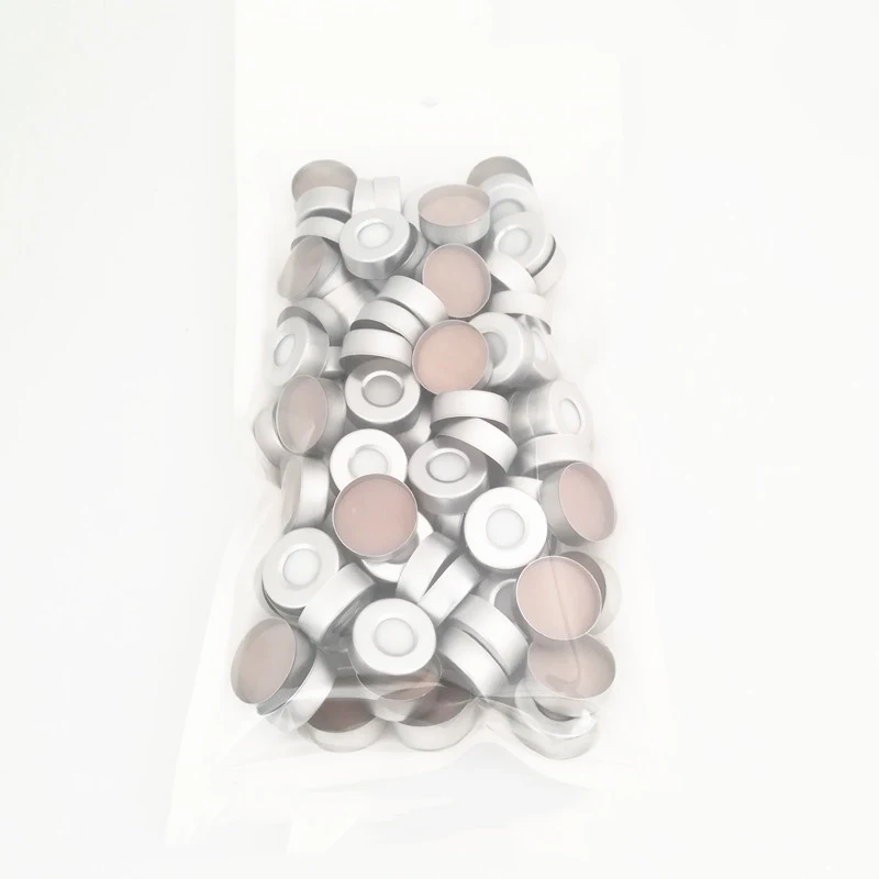 IKEME 100 sztuk 20*3mm Naturalne PTFE / Naturalne Silikonowe Septa, Aluminiowe Nakrętki z Otworem do Zaciskania, Otwór Centralny 10mm do Fiolki 10ml 20ml