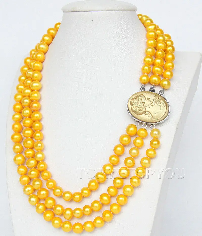 

Free Shipping Genuine 3rows 9mm Golden yellow cultured pearls necklace cameo clasp