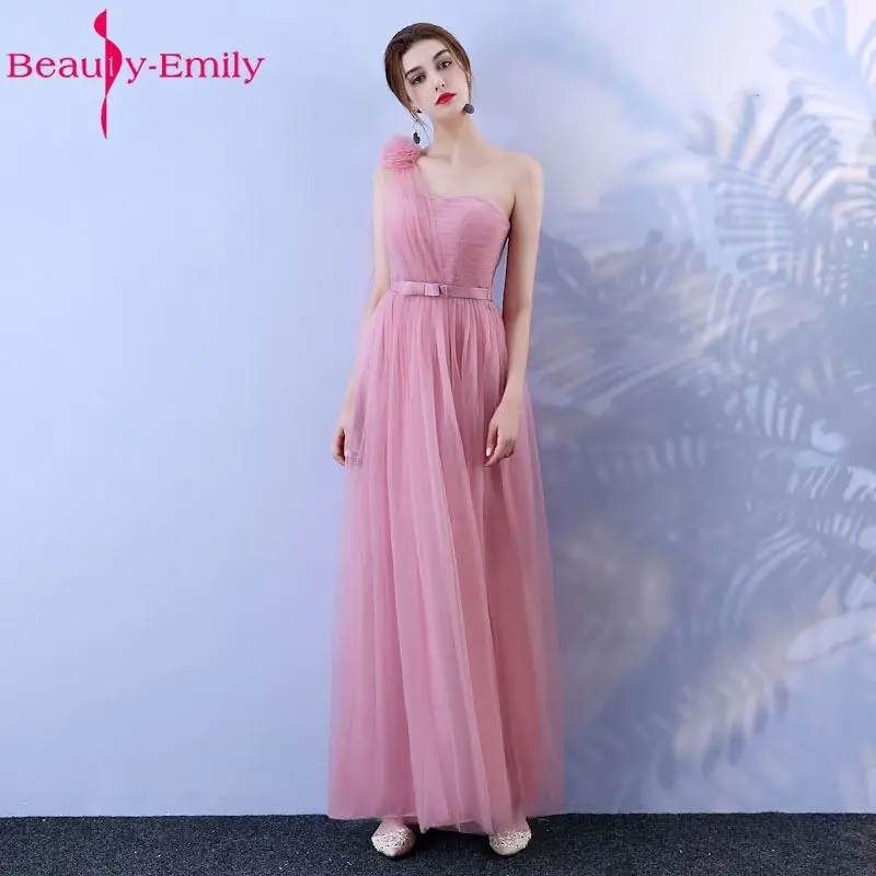 فساتين لوصيفات العروس الطويلة من Beauty Emily 2019 وردي على شكل حرف a بدون أكمام بدون حمالات بطول الأرض مكشوف الكتف لحفلات العودة للوطن