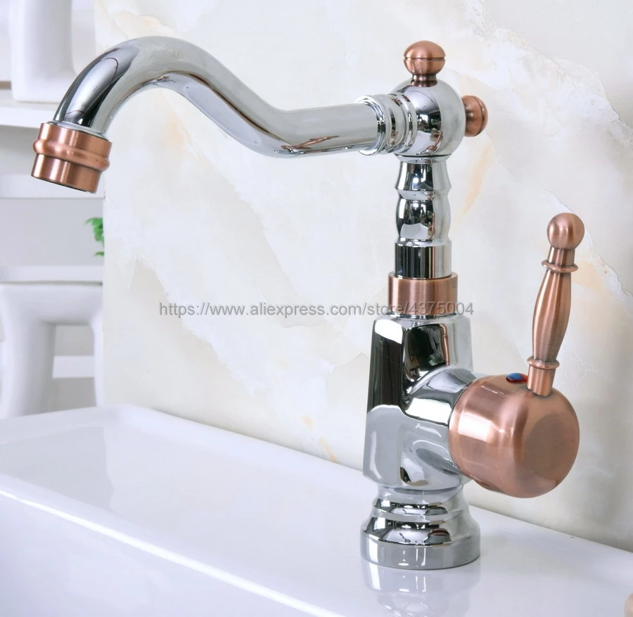 

Basin Faucet Single Handle Mixer Tap Modern Kitchen Bar Sink Water Faucet Polished Chrome And Red Copper Rotable Tap Nnf915