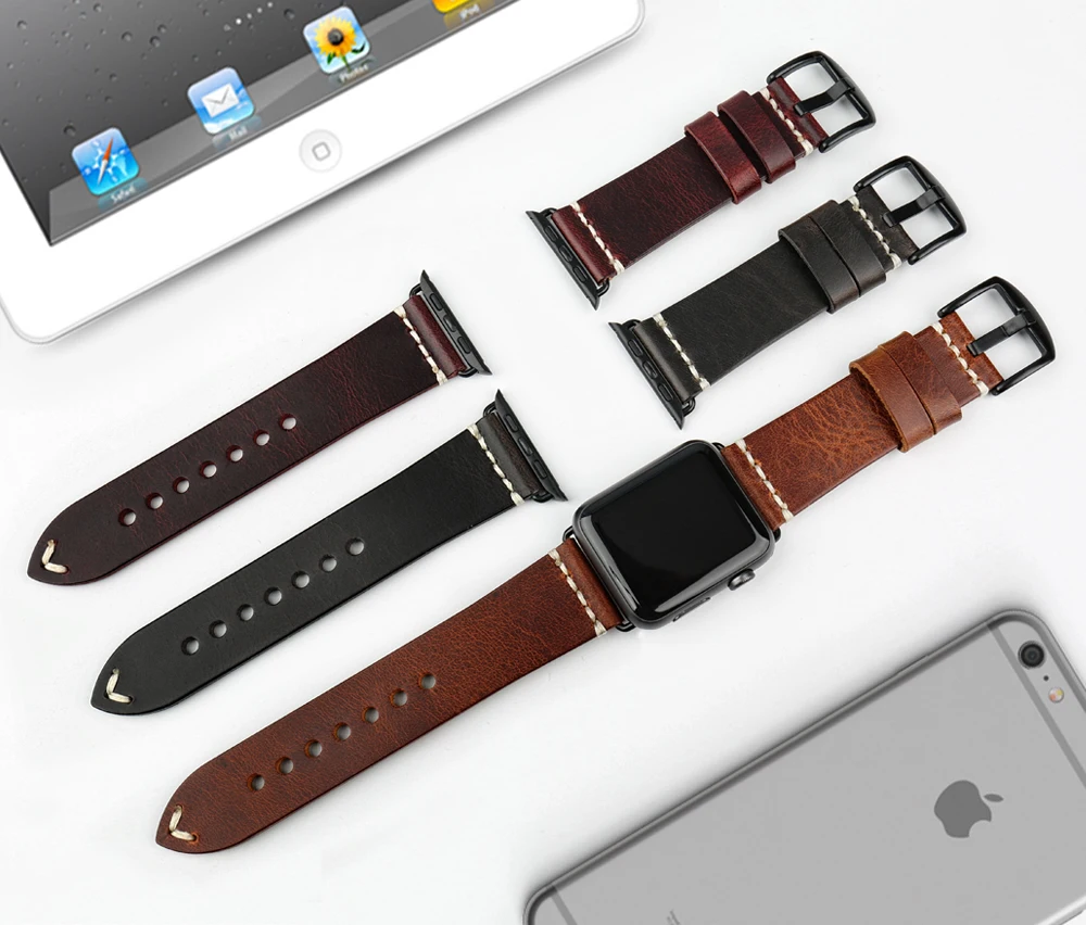 Vintage Oil Wax Leather Watch Strap For Apple Watch Band 49mm 44mm 45mm 40mm 41mm 42mm 38mm Series 8/7/SE/6/5/4 iWatch Bracelet