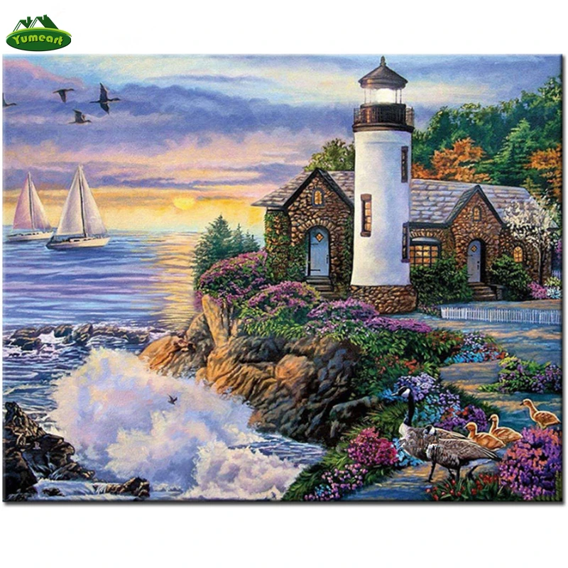 YUMEART Needlework Diamond Painting Cross Stitch Seaside Town House Lighthouse Handmade Diamond Embroidery Patchwork Mosaic Kits