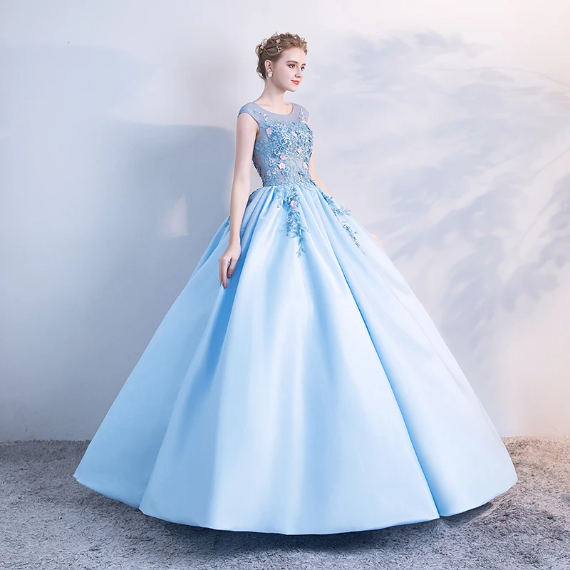 JaneVini الساحرة السماء الأزرق منتفخ Quinceanera فساتين زائد حجم الكرة ثوب 2019 سكوب الرقبة الحرير يزين مطرز الحلو 16 اللباس