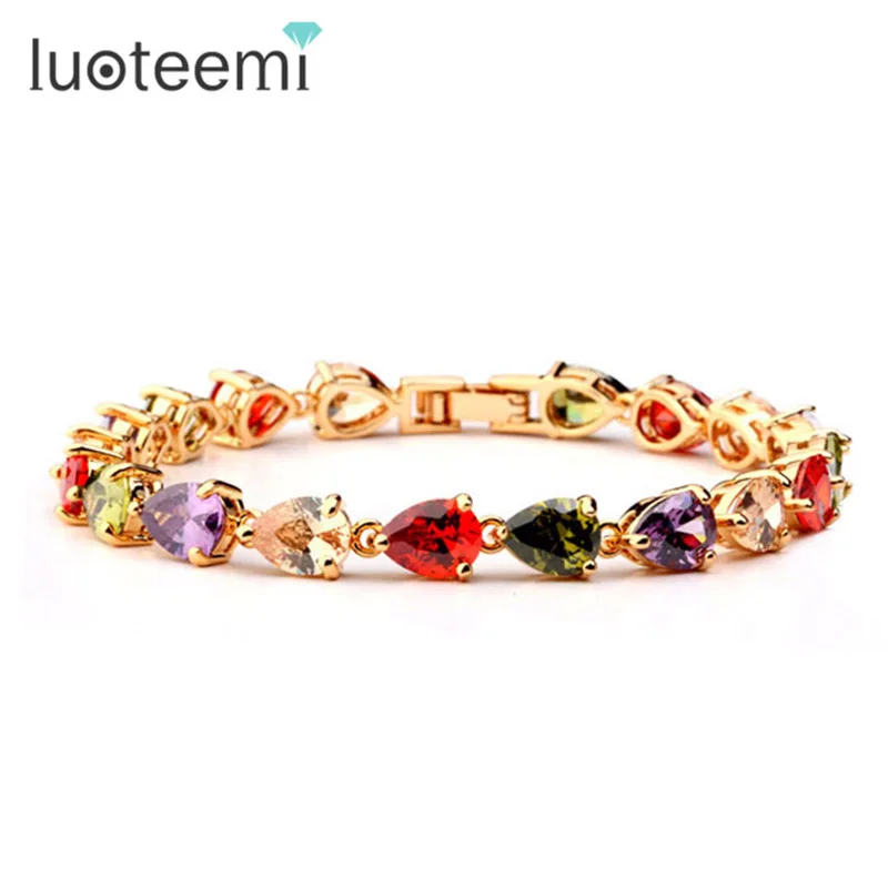 

LUOTEEMI Fashion Colorful AAA CZ Water Drop Shape Cubic Zirconia Bracelet Champagne Gold Color Girl Party Bangles for Women