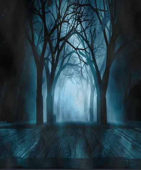 Spooky Halloween Forest Volumetric Fog Dead Trees Wooden Night background   Computer print party backdrops