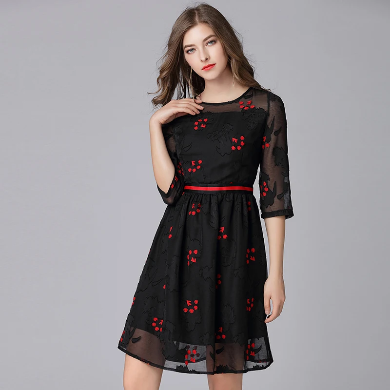 TAOYIZHUAI  Women Dress High Street Plum Blossom Embroidery Lace Up Knee Length Large Size Fit And Flare Balck4 Dress 16171