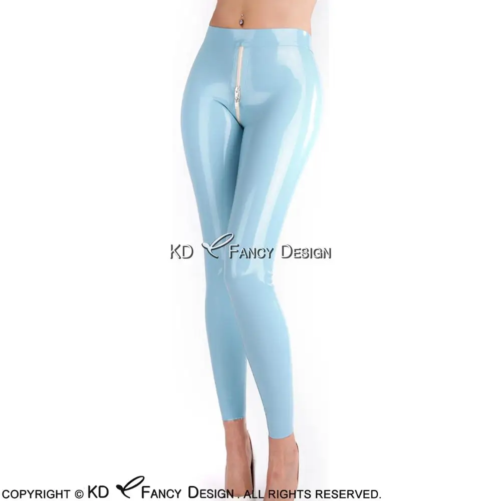 Lake Blue Sexy Latex Leggings Rubber Pants Trousers Bottoms Plus Size Front to Back Zippers CK-0036