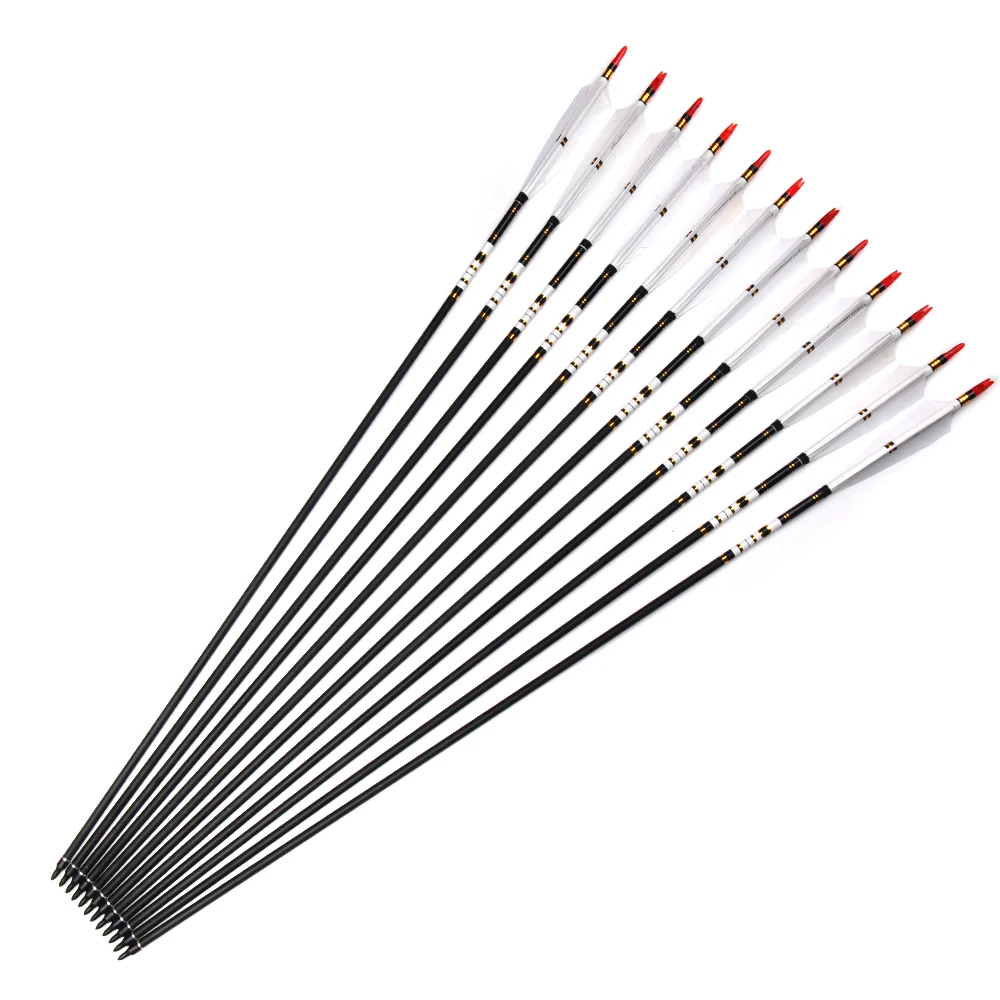 6/12/24pcs 32 Inches Spine 500 OD 7.6 mm ID 6.2 mm Carbon Arrow with White Color Real Feather for Recurve Bow Hunting Shooting