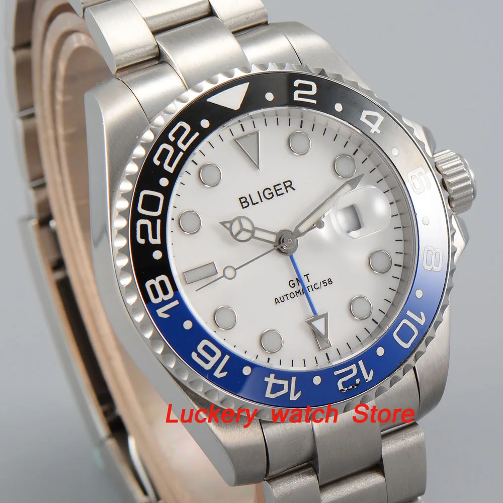 43mm bliger white dial luminous saphire glass;black and blue Ceramic Bezel GMT Automatic movement men's watch-BA08-43