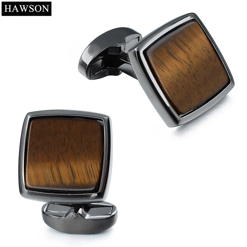 HAWSON Luxury Tiger\'s Eye Stone Cufflinks for Men Fashion Square Pattern Gun Plated Jewelry Cuff Button with Box