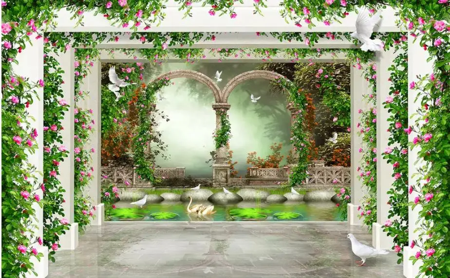 Fantasy flower vine idyllic Roman column TV sofa background wall painting 3d murals wallpaper for living room