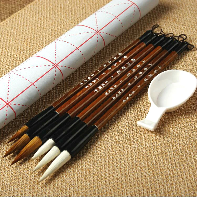 Hot Sale Chinese Traditional Calligraphy Pen Brush Set 6pcs Large Middle Small Regular Script Weasel Hair Writing Bushes