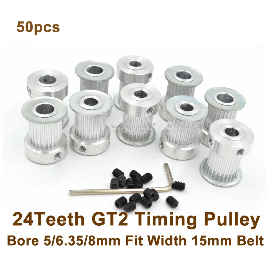 POWGE 50pcs 24 Teeth 2GT Timing Pulley Bore 5/6.35/8mm Fit Width 15mm GT2 Timing Belt 24T 24Teeth GT2 Pulley 3D Printer Parts