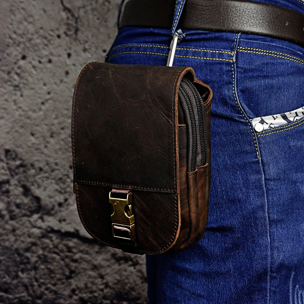 Design Mens Original Quality Leather Small Travel Phone Pouch Hook Belt Waist Pack Bag High Fashion Male Cigarette Case 6185