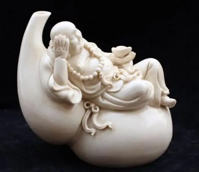 

China white Porcelain Happy Laugh Maitreya Buddha Hold Yuanbao cucurbit Statue