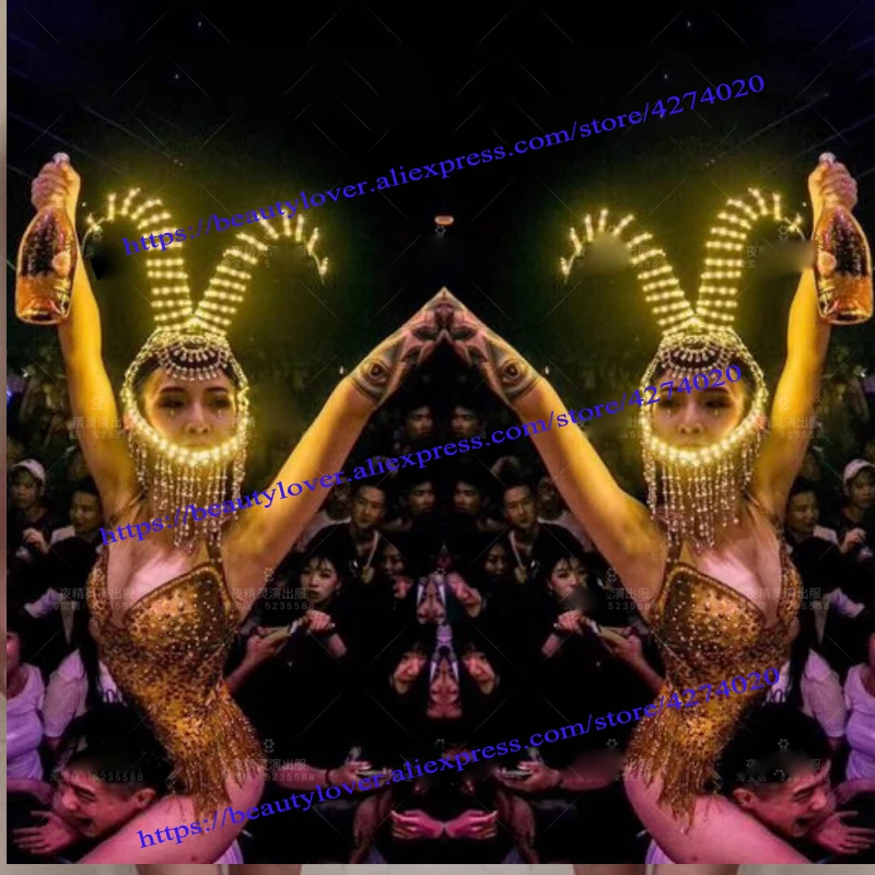 Lumious Ed horns headwear nightclub bar gogo dance ds stage show luminous costumes headdress bodysuit