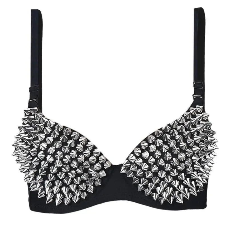 

Sexy Bras Women Party 2018 New All-over Spike Rivet Metallic Punk Dance Push Up Bra Nightclub Costumes Bras Bralette Encaje