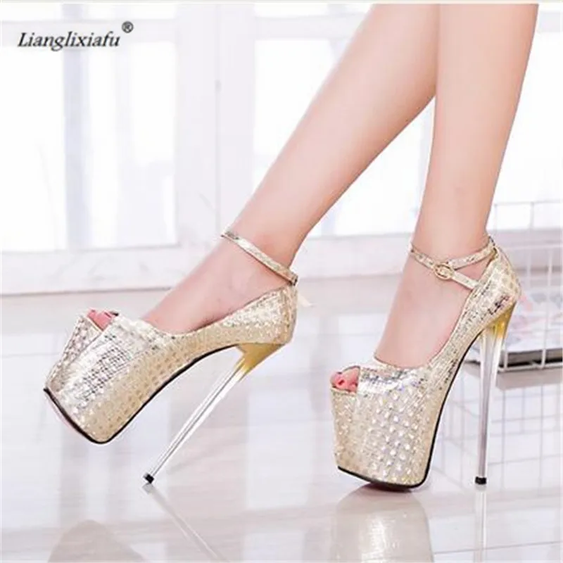 LLXF Plus:34-47 48 49 50 Fashion Patent Leather Stiletto 19cm Thin High Heels Platform Shoes Buckle Women Peep Toe Pumps Zapatos