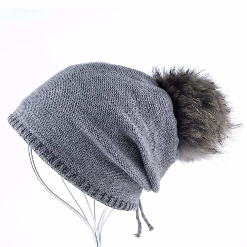 2018 Winter Women's Beanie 100% Raccoon Fur Pompom Ball Knitted Wool Hat Skullies Cap Ladies Knit Hats For Women Beanies