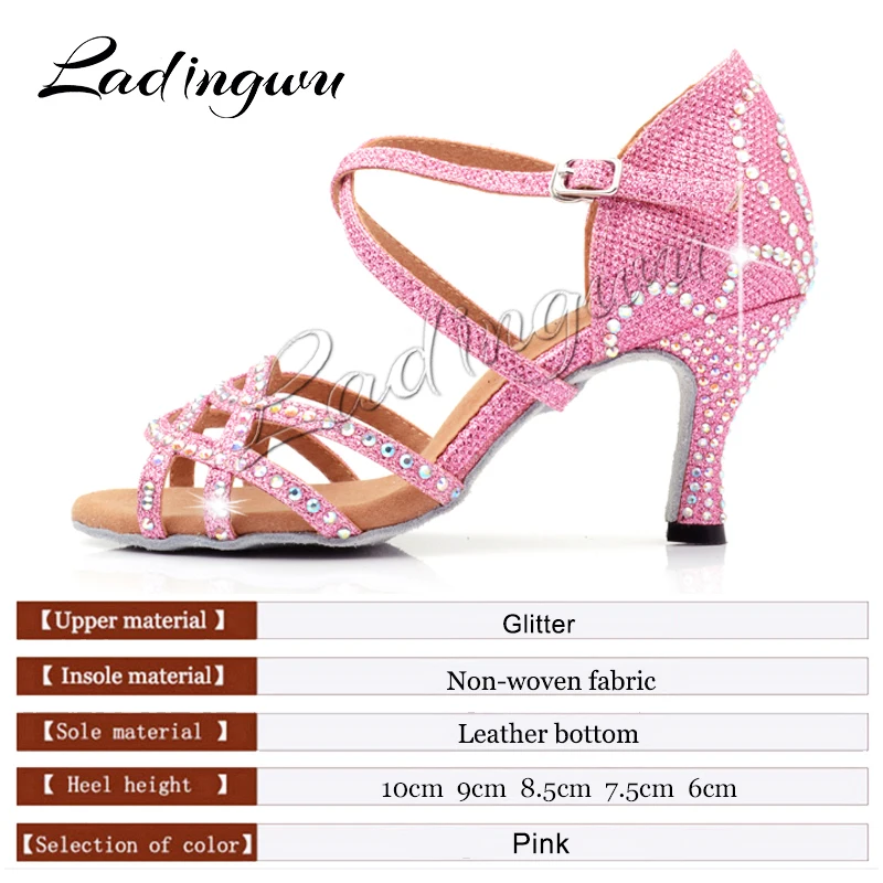 Ladingwu Pink Glitter Dance Shoes Latin Woman Crown Pattern Rhinestone Design Ballroom Dance Shoes Girls Profession Salsa Shoes