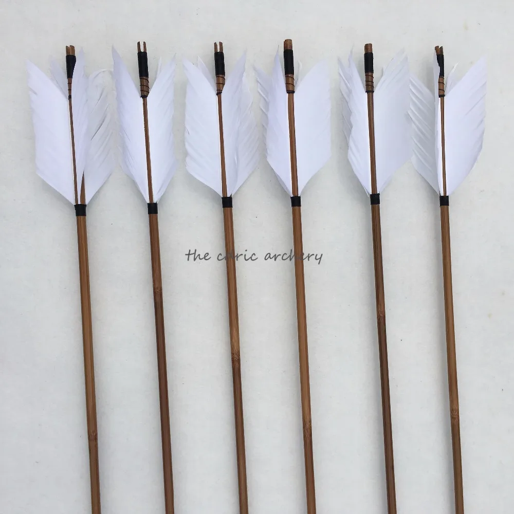 6/12/24pcs Bamboo Arrow in Withe Feather 32'' With Target Arrow Tip For Hunting Shooting