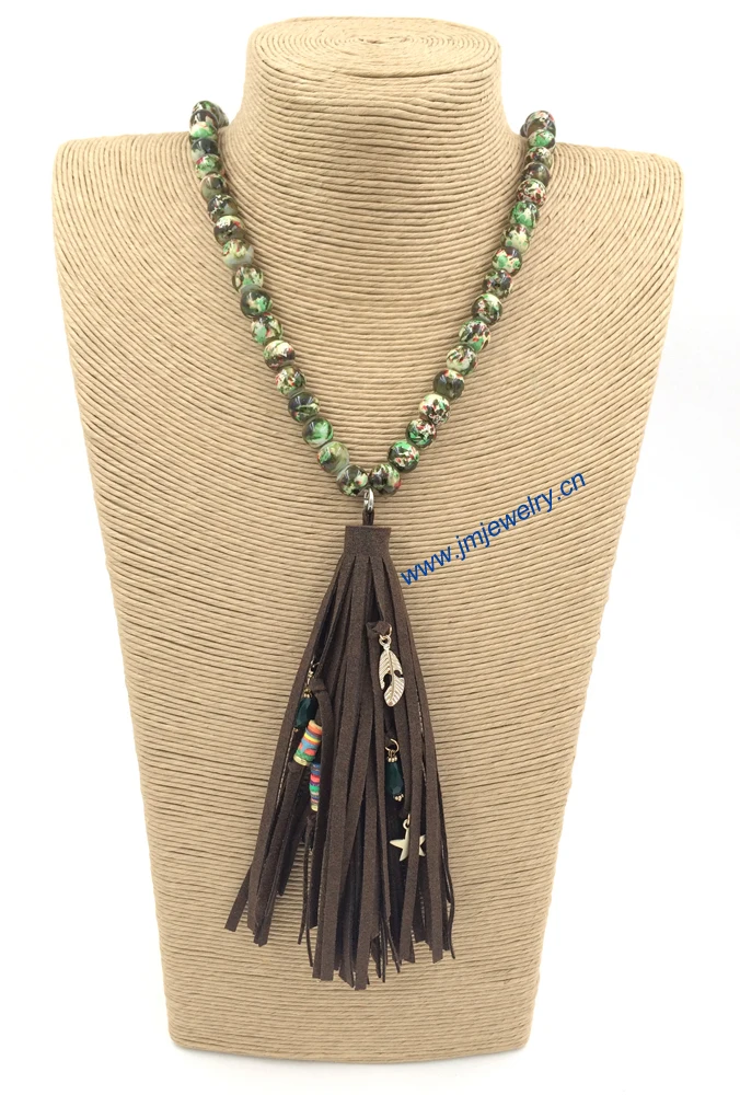 2016 New personalized handmade jewelry supplier long beaded chain leather tessal pendents unique boho long Necklaces for women