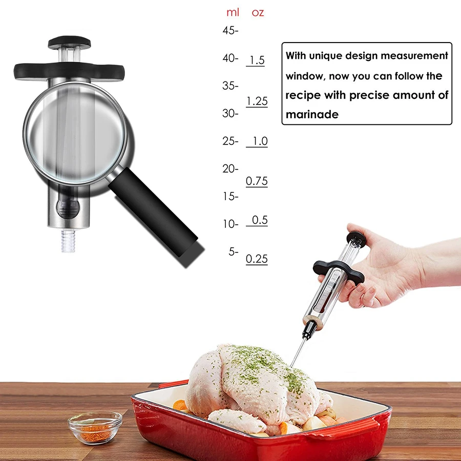 New 1.5 Oz Meat Injector Syringe Turkey Marinade Injector Meat Seasoning Injectors Kitchen Syringes  BBQ Tools with 2 Needles