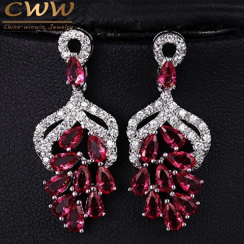 CWWZircons High Quality Micro Pave 3.5 cm Big Red AAA+ Cubic Zircon Drop Flower Shaped Earrings with CZ Stones CZ066