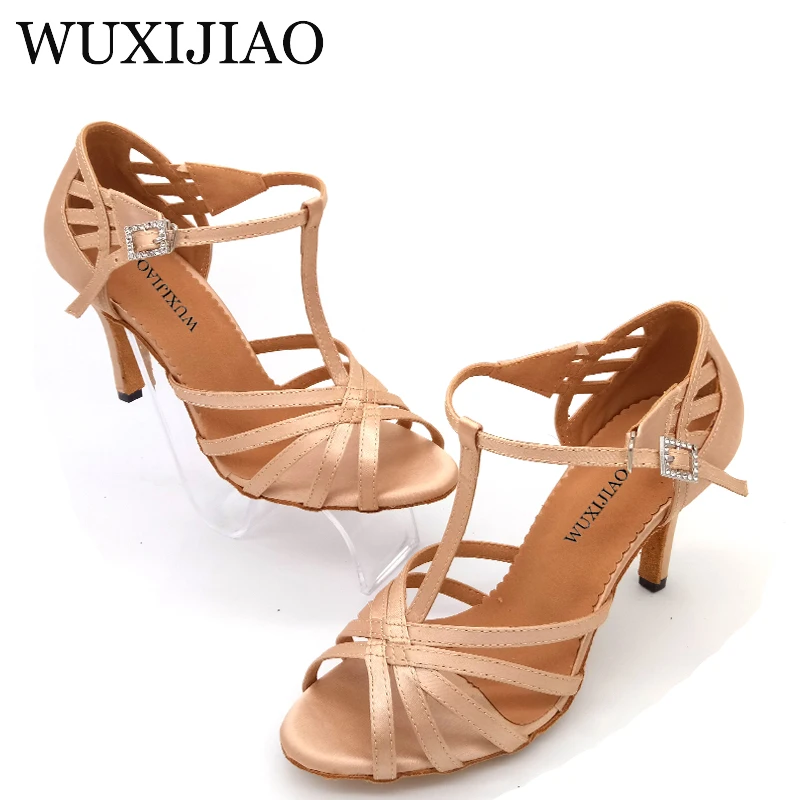 WUXIJIAO New Satin and Flash Cloth Ballroom Party Dance Shoes skin Latin Dance Shoes Woman Salsa Heel 6/7.5/8.5/10cm