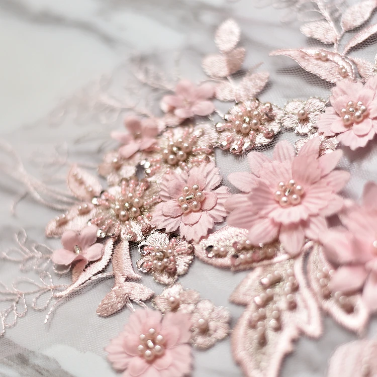 Pink beaded flower embroidery patch lace fabric applique Sewing wedding Bride Dress veil craft garment accessories decoration