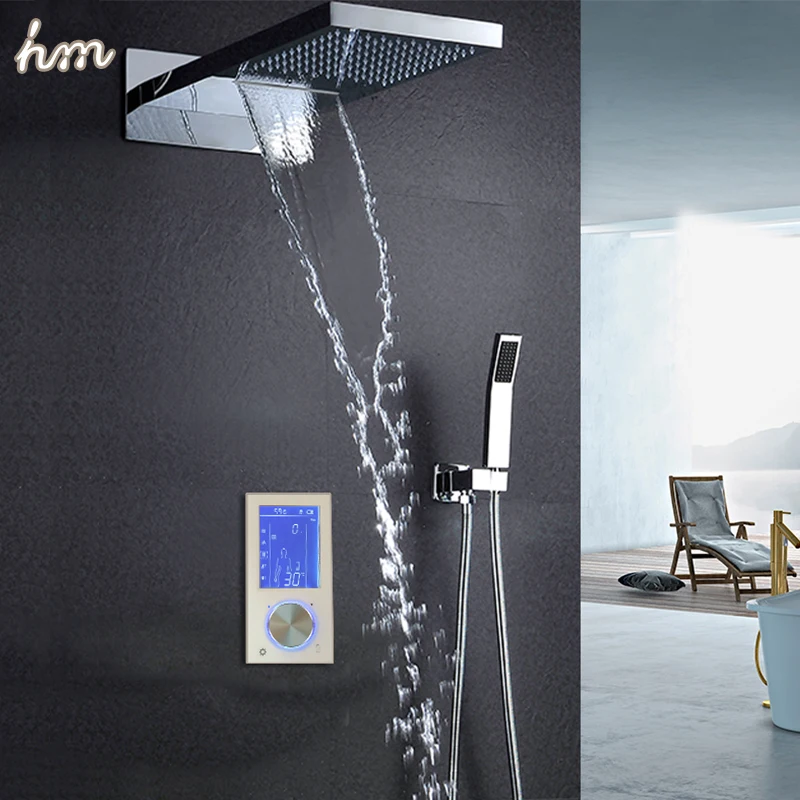 

hm Digital Touch Thermostatic Controller 22Inches Waterfall Shower Set Massage Bath Rainfall Showerhead Faucets System