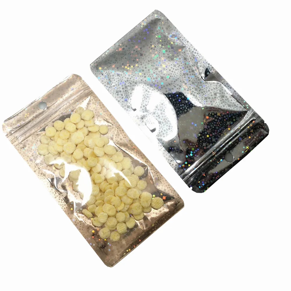 100Pcs Clear Gold Glittery Aluminum Foil Zip Lock Packaging Bags with Hang Hole Retail Candy Nuts Storage Zipper Mylar Pouches