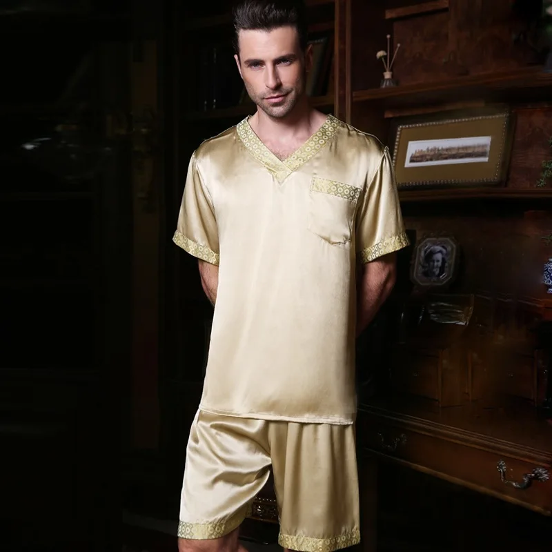 Genuine Silk Pajamas Male Summer Short-Sleeve Shorts Two-Piece Pyjama Sets Sexy V-Neck Silkworm Silk Men\'s Sleepwear 2612