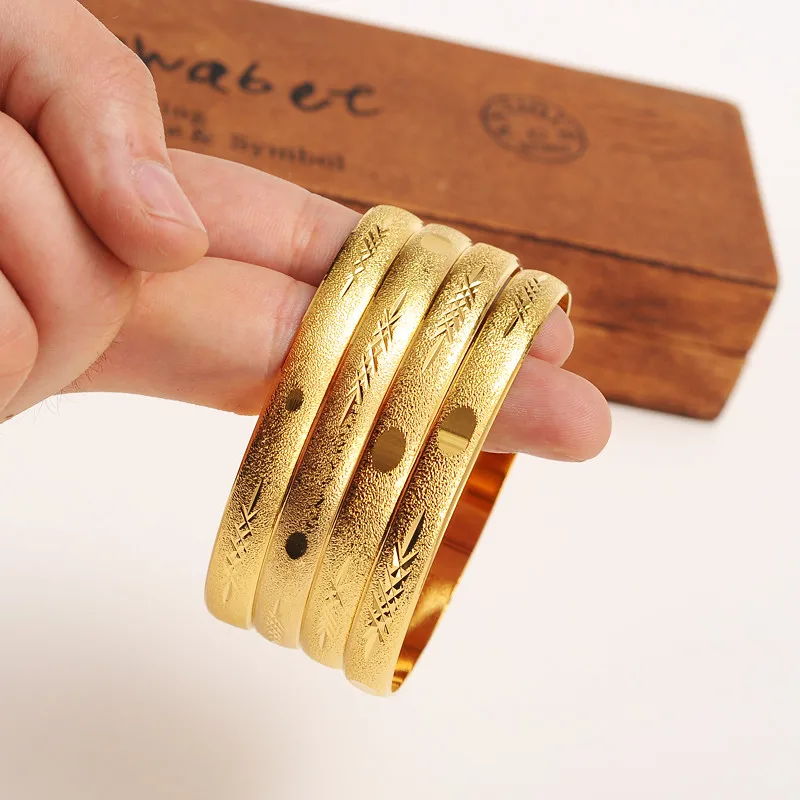 (4 Pieces) box Wholesale Fashion Wedding Bangle Jewelry 14 k Yellow Solid Gold GF Filled Dubai Bracelet Women Africa Arab Items