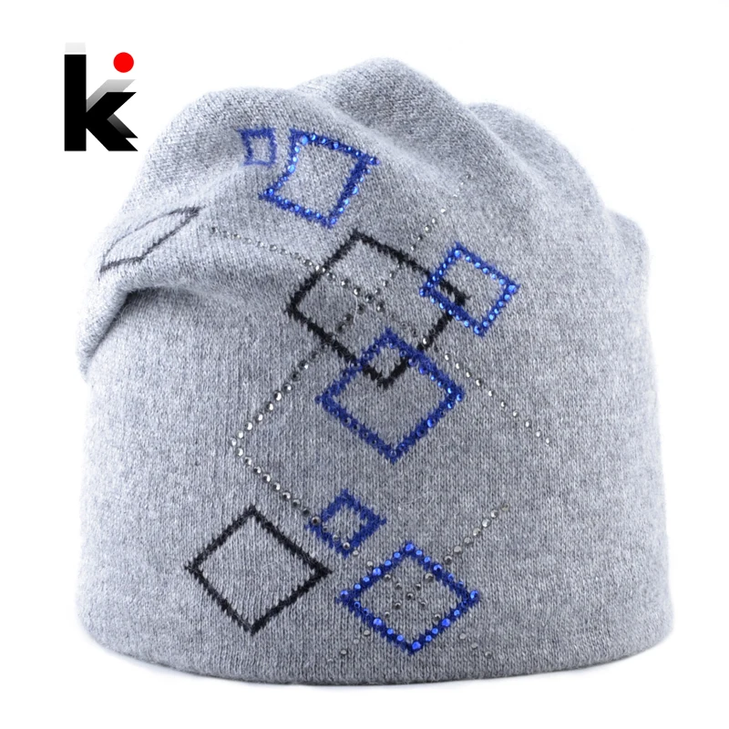 Winter Hats For Women Warm knitted Wool Beanies Ladies New Fashion Knitting Plaid Rhinestone Caps Female Angora Skullies Beanie