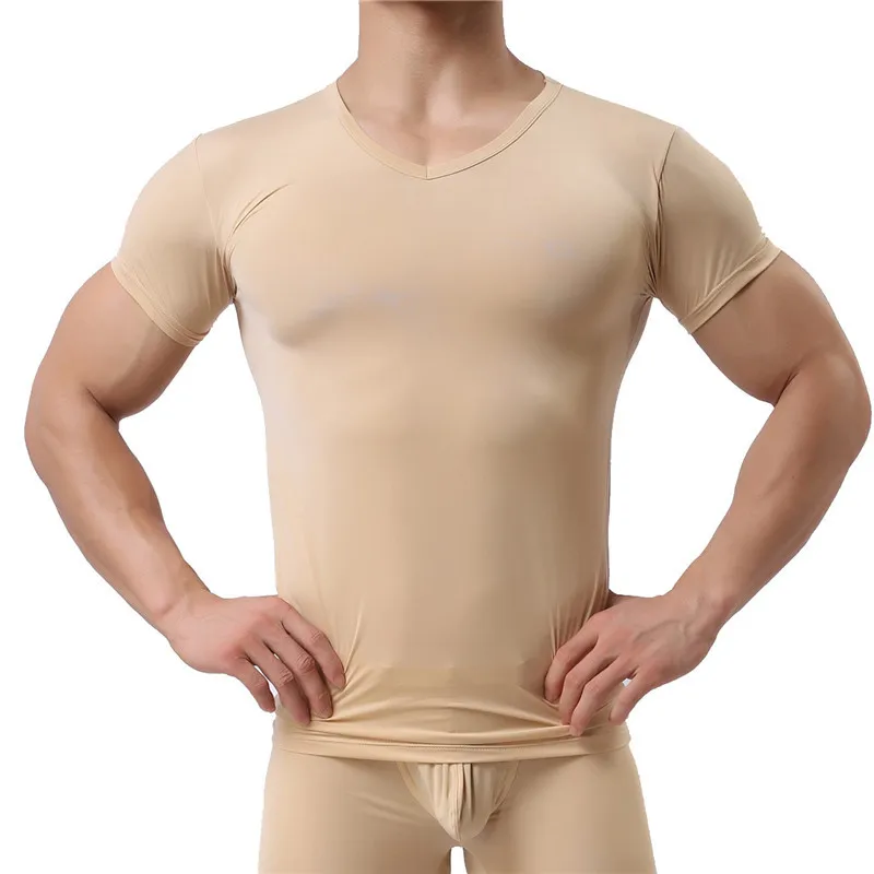 Men's Undershirt Nylon Ice Silk Sheer Shirt Man's T-Shirts Men See Through Tops V-neck Ultra-thin Thermal Sleepwear Undershirt
