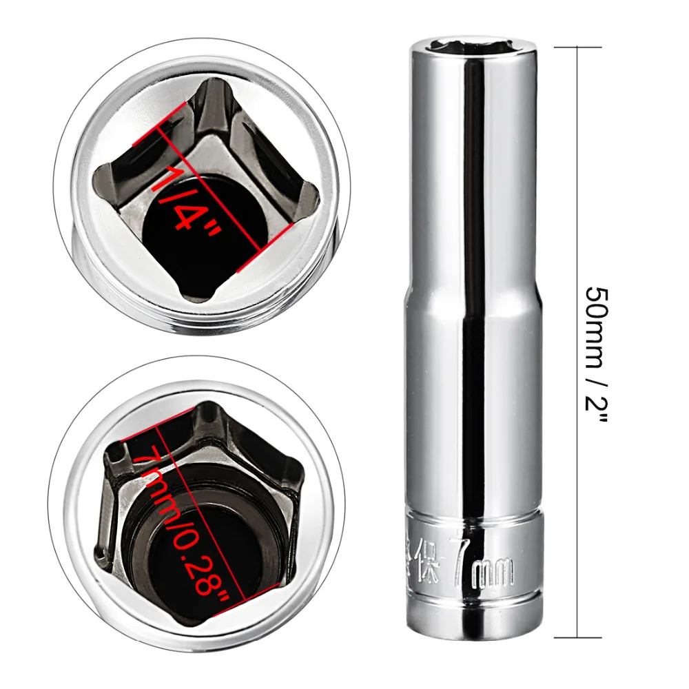 2pcs 1/4-inch Drive 6-Point Deep Socket 7 8 10 13 mm Socket Cr-V Repair Tool for Automotive Repairs Household Maintenance DIY