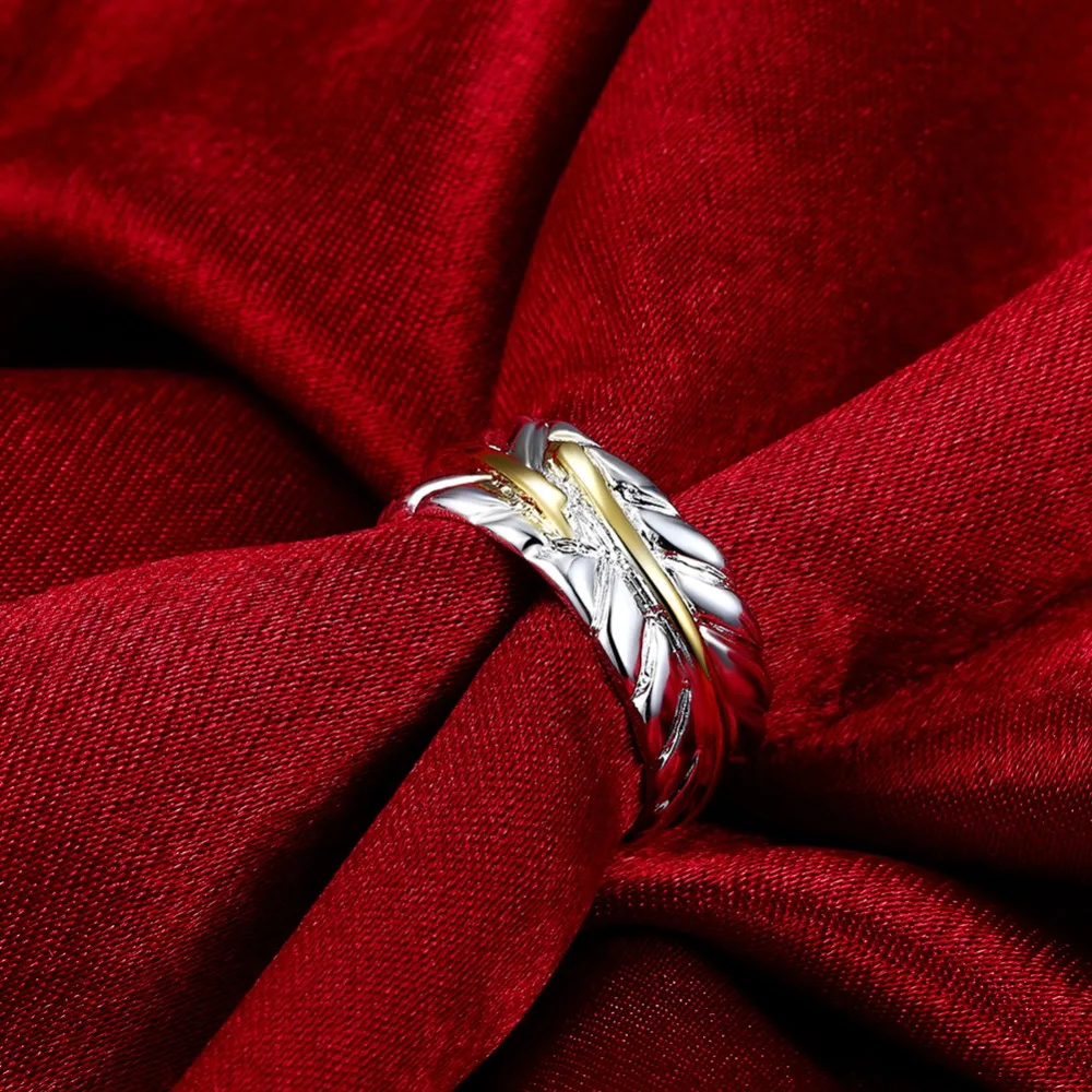 New Trendy 925 Sterling Silver Gold Feather Separation Open Rings Women Men Classic Jewelry Free Shipping