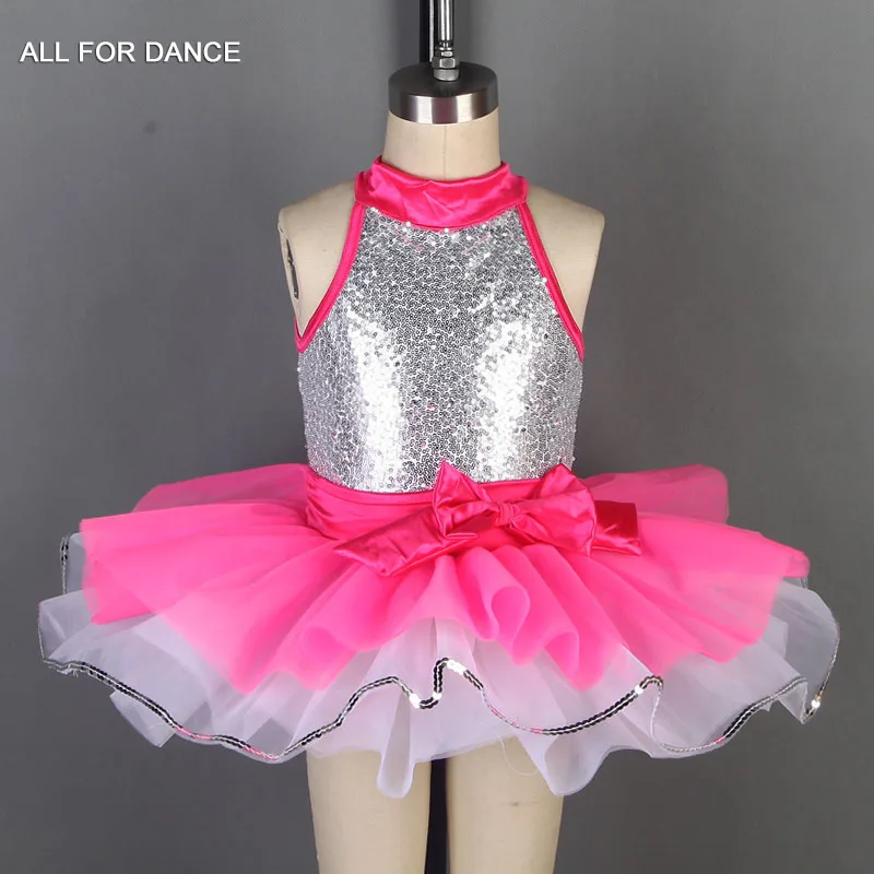 19821New arrival Kid Ballet Dance Costumes Jazz Tutu Stage Performance Ballet Dance Tutu Rose Red with Silver Sequin Ballet Tutu