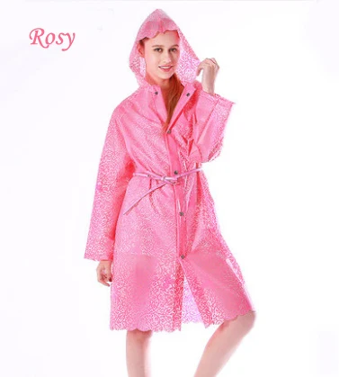 Hot Sale Europe EVA Lace Women Long Trench Raincoat abrigo impermeable capa de chuva WomanRain Jacket with Rain Hat