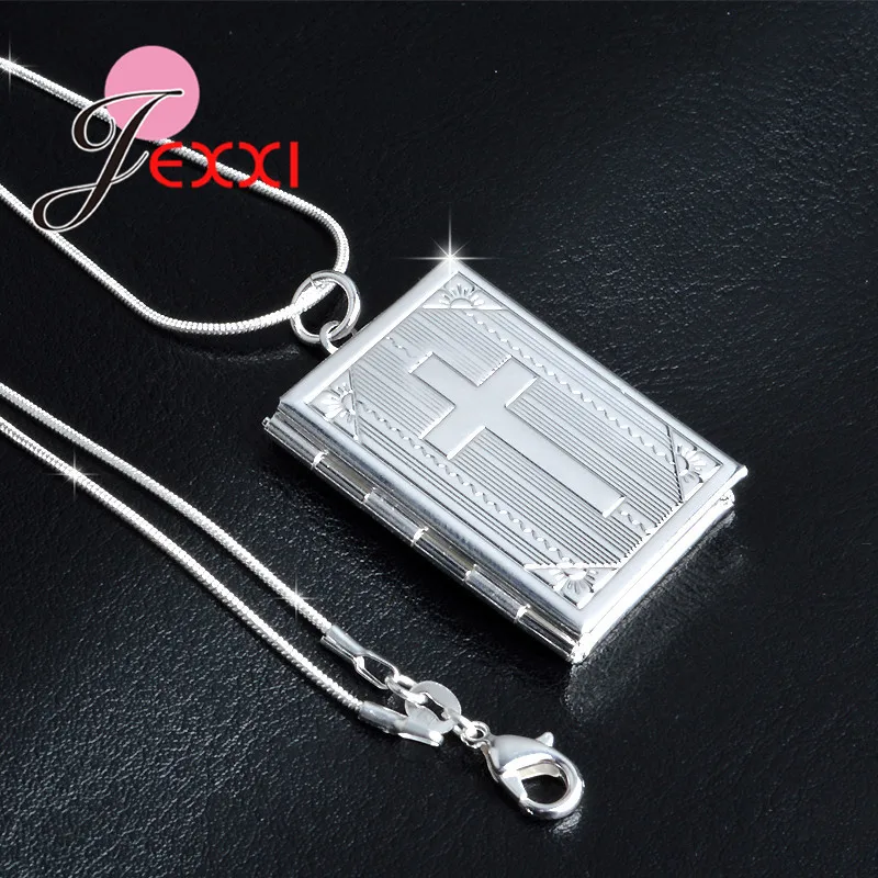 

New 925 Sterling Silver Square Shape Carve Cross Locket Photo Pendant Necklace Lovers Charms Gift for Women Men