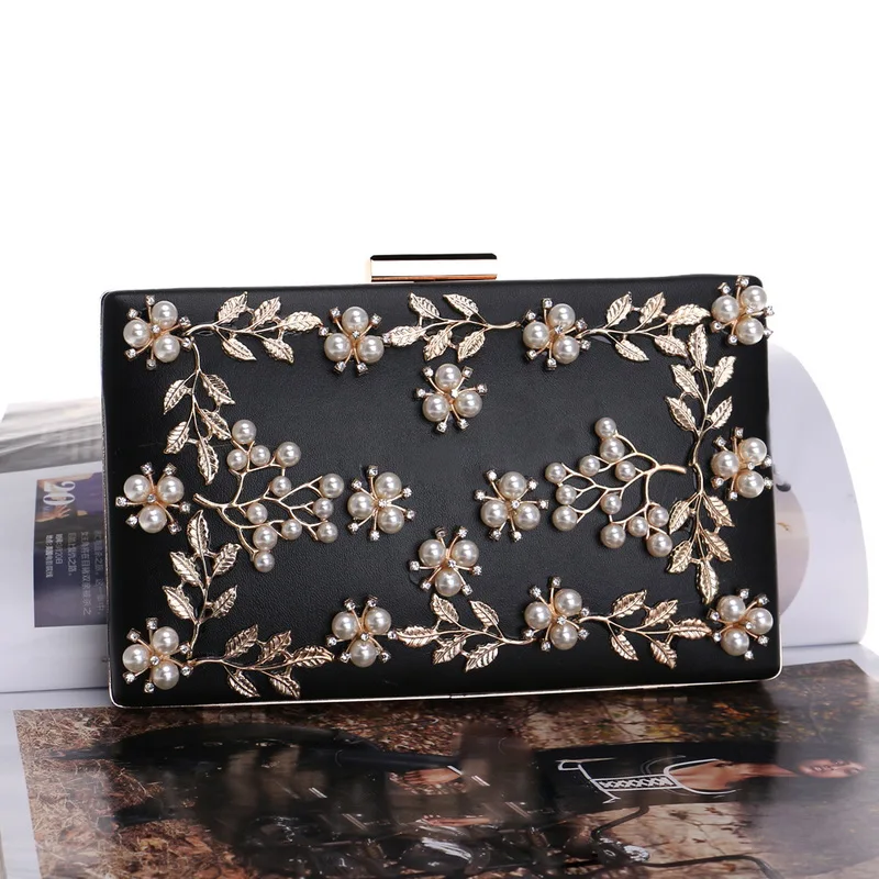 Fashion New Women Evening Clutch Bags PU Chain Shoulder Handbags Leaf Metal Beaded Evening Purse Messenger Bags