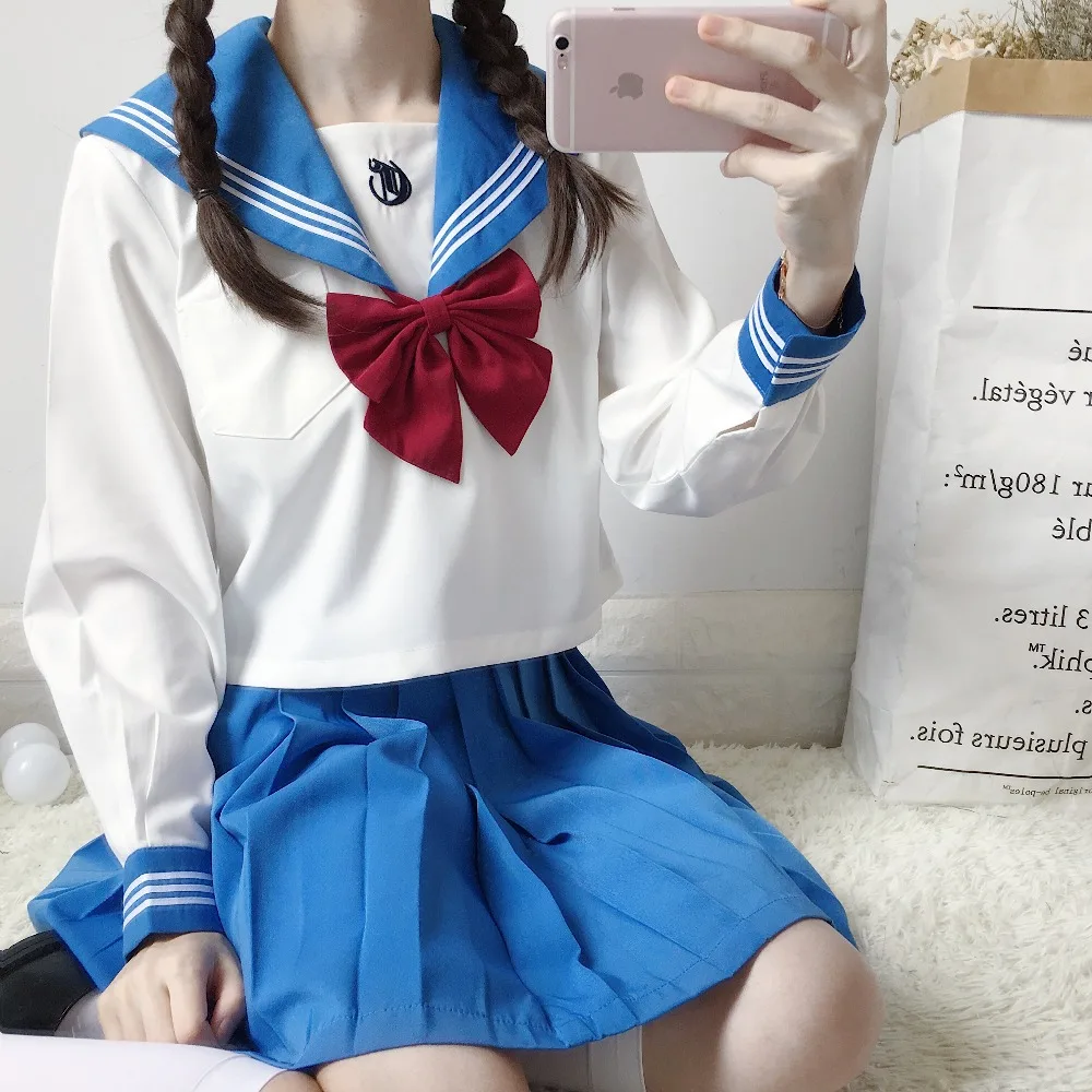 Japanese School Uniform For Girls Sailor Tops+Tie+Skirt Navy Style Students Clothes For Girl Plus size Lala Cheerleader clothing