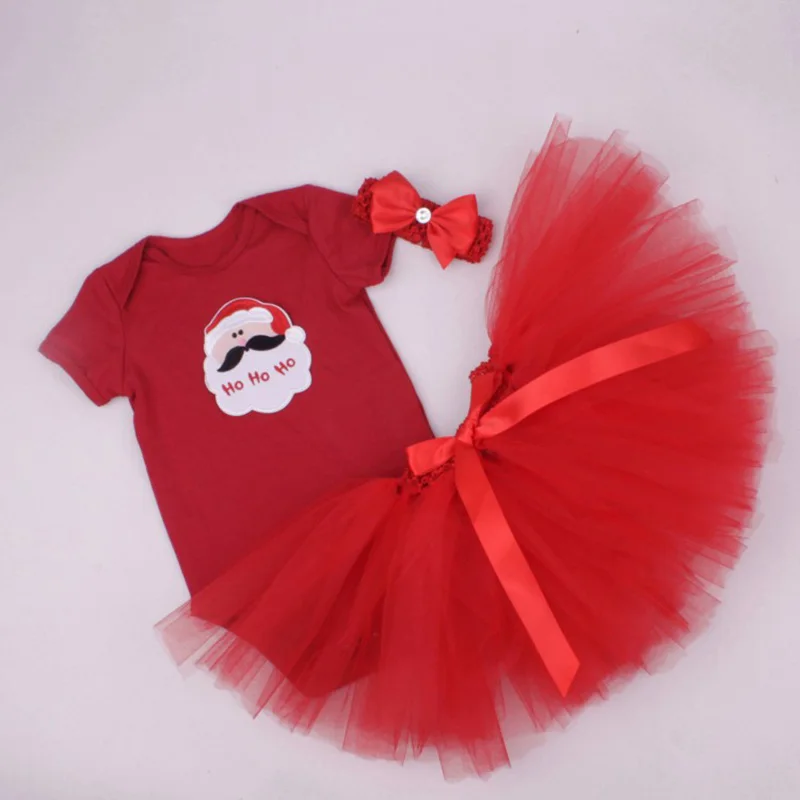 Christmas Baby Girl 3pcs Clothing Sets Infant Cotton Romper+Tulle Skirt+Headband 3pcs Outfits Costumes Birthday Santa Vestidos